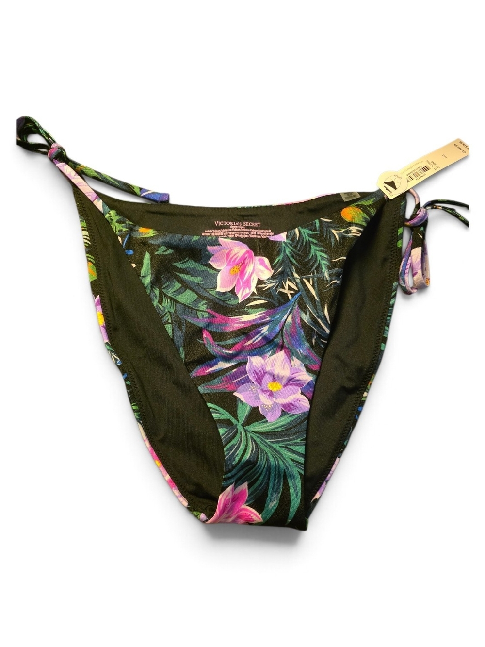 Victoria's Secret Black Floral Tie-Side Bikini Bottom with Purple & Pink Blooms